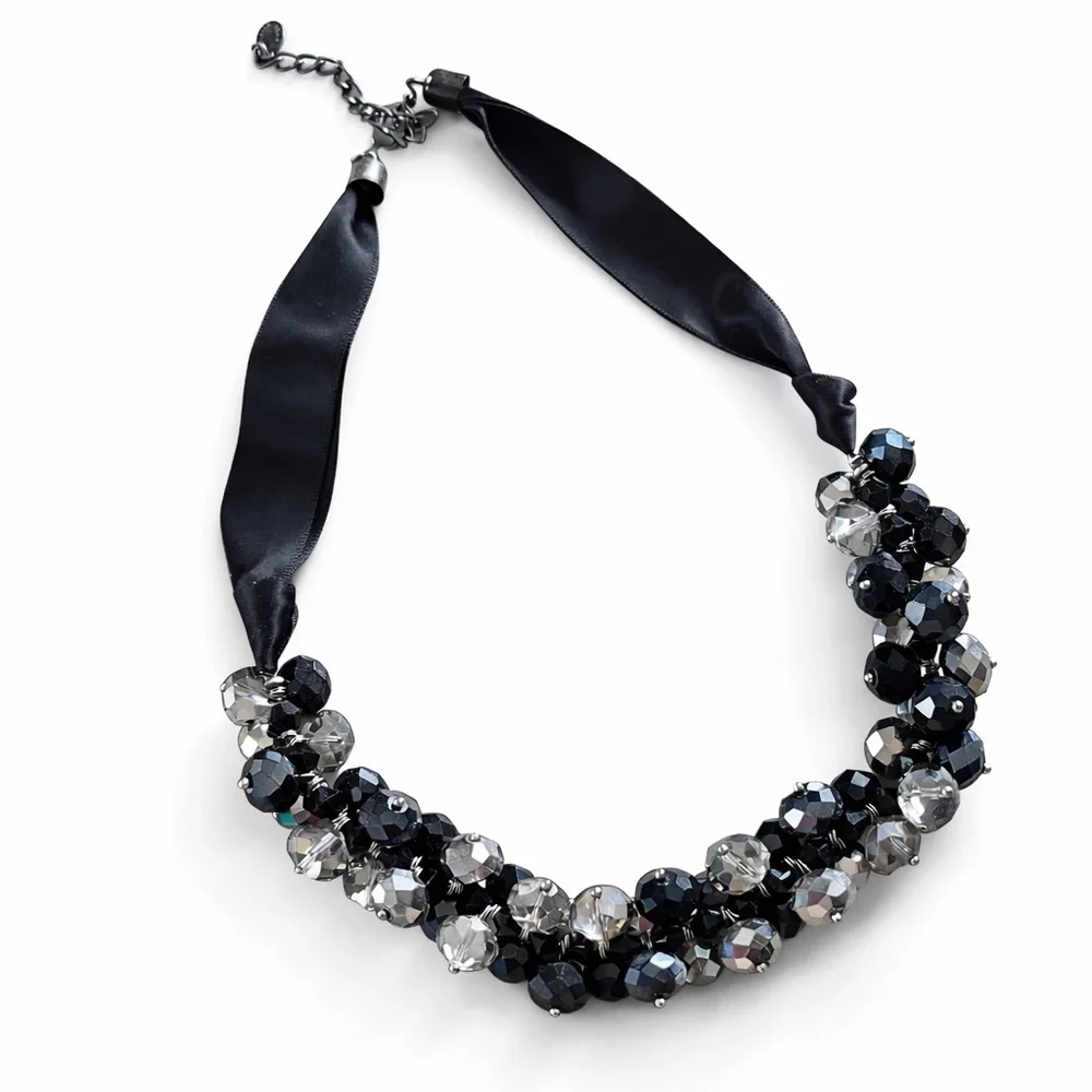 Vintage Ali-Khan New York Beaded Statement Necklace Black Crystal Ribbon